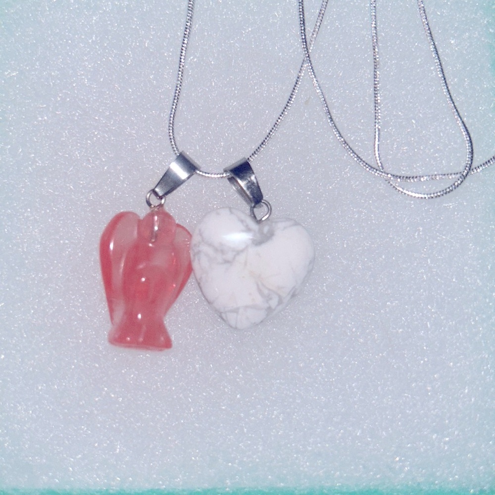 Boho Cherry Quartz Crystal Angel and Howlite Heart Sterling Silver Necklac…